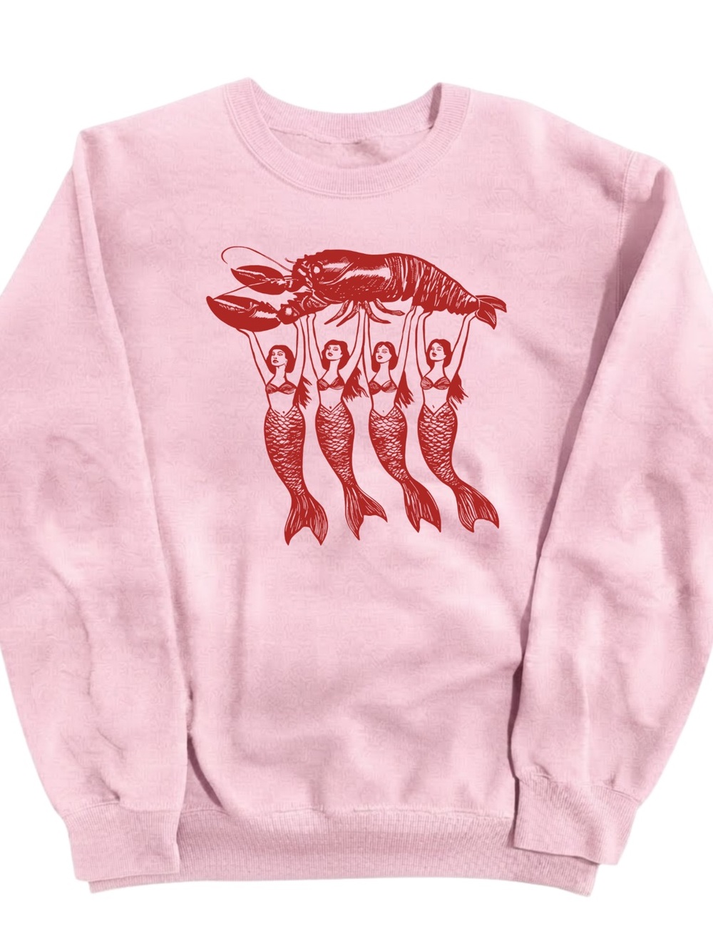 Gildan Pink Sweatshirt with Red Mermaid & Lobster Print, Gift For Her, For Him